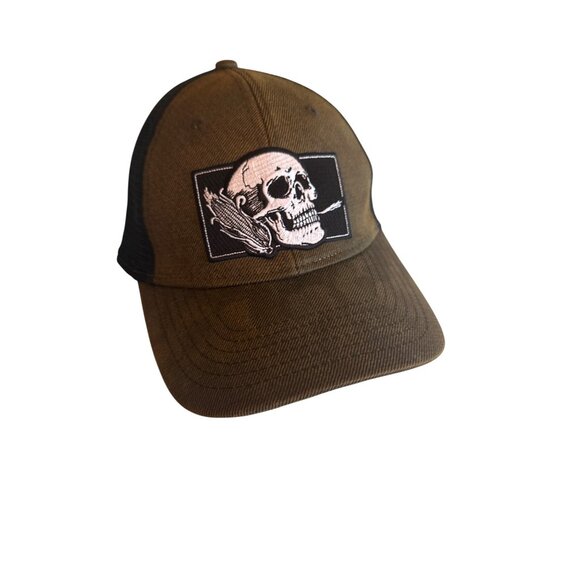 Brown Trucker Hat With Skull Patch & "Indiana" Back Embroidery By Sportsman Adju - Picture 1 of 6